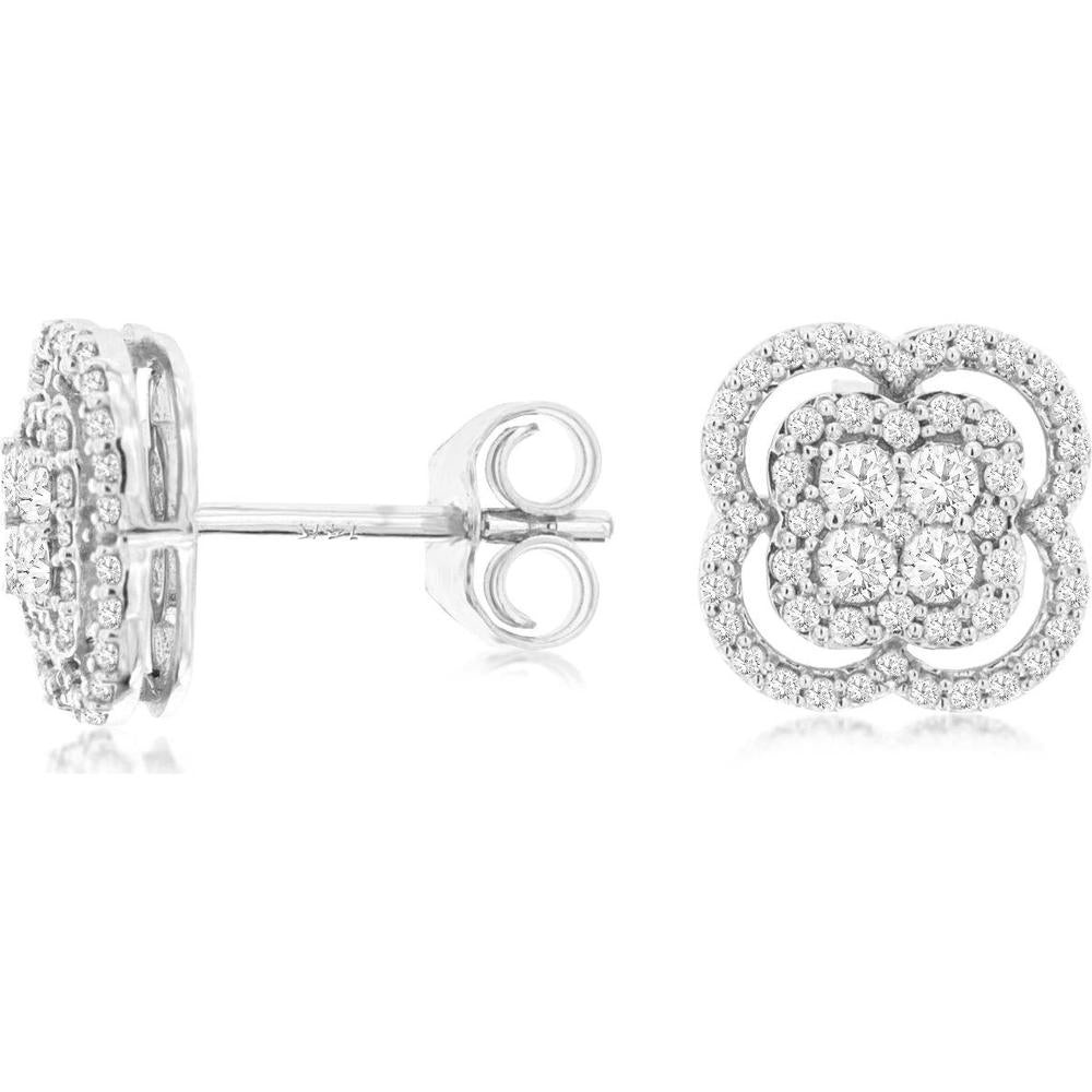 Royal 14K White Gold Diamond Stud Earrings with Floral Halo Design - 0.5 Carats Total Diamond Weight
