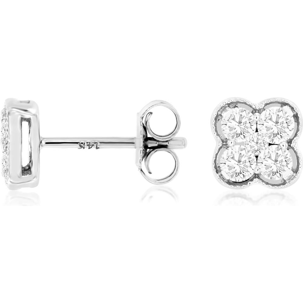 Royal 14K White Gold Diamond Stud Earrings with Floral Motif - 0.50 Carat Total Diamond Weight