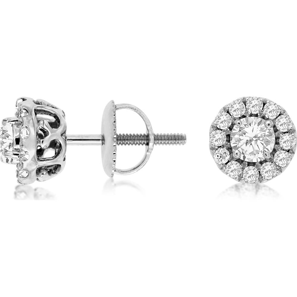 Royal 14K White Gold Diamond Stud Earrings with Milgrain Halo Setting - 0.63 Carat Total Diamond Weight