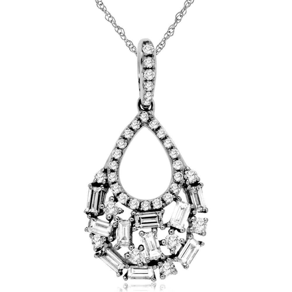 Royal 14K White Gold Diamond Teardrop Pendant with Round and Baguette Diamonds - 0.52 Carats Total Diamond Weight