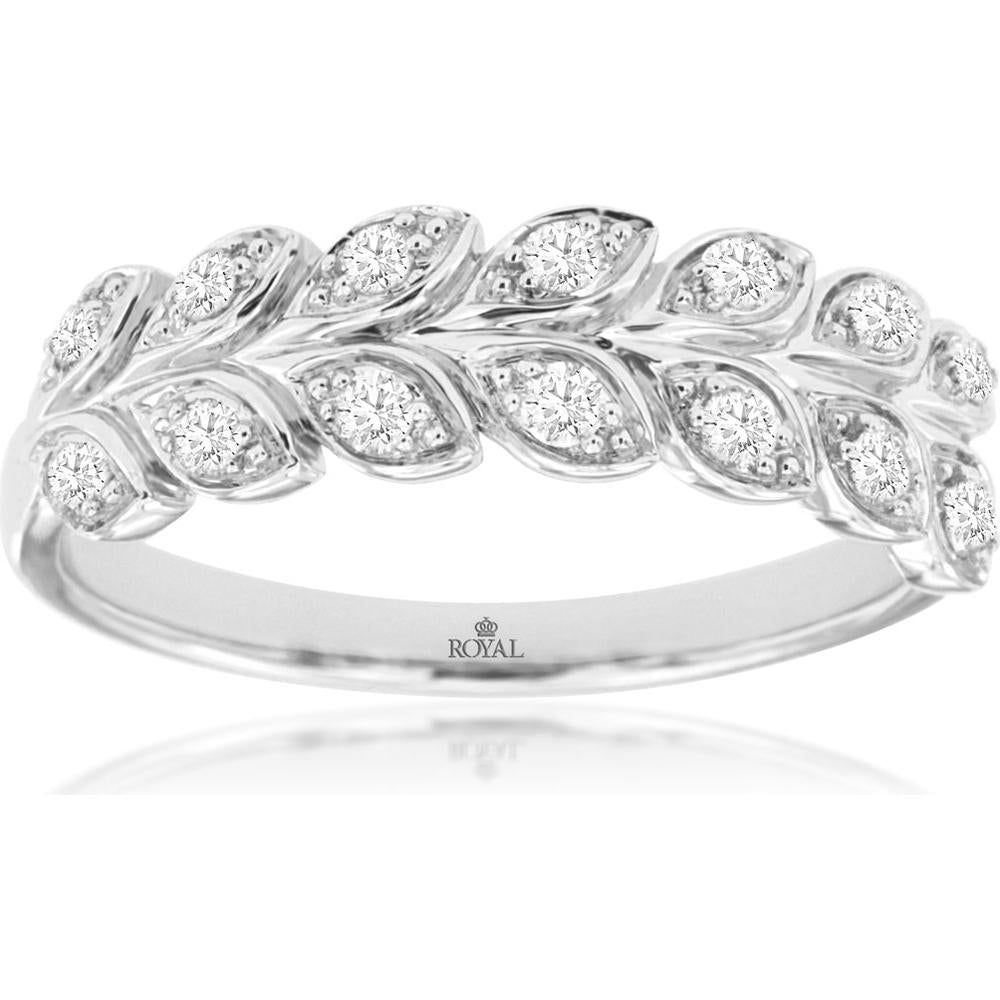Royal 14K White Gold Diamond Wedding Band with Leaf Design - 0.25 Carats Total Diamond Weight
