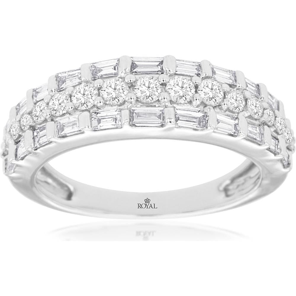 Royal 14K White Gold Diamond Wedding Band with Round Brilliant and Baguette Diamonds - 0.83 Carats Total Diamond Weight