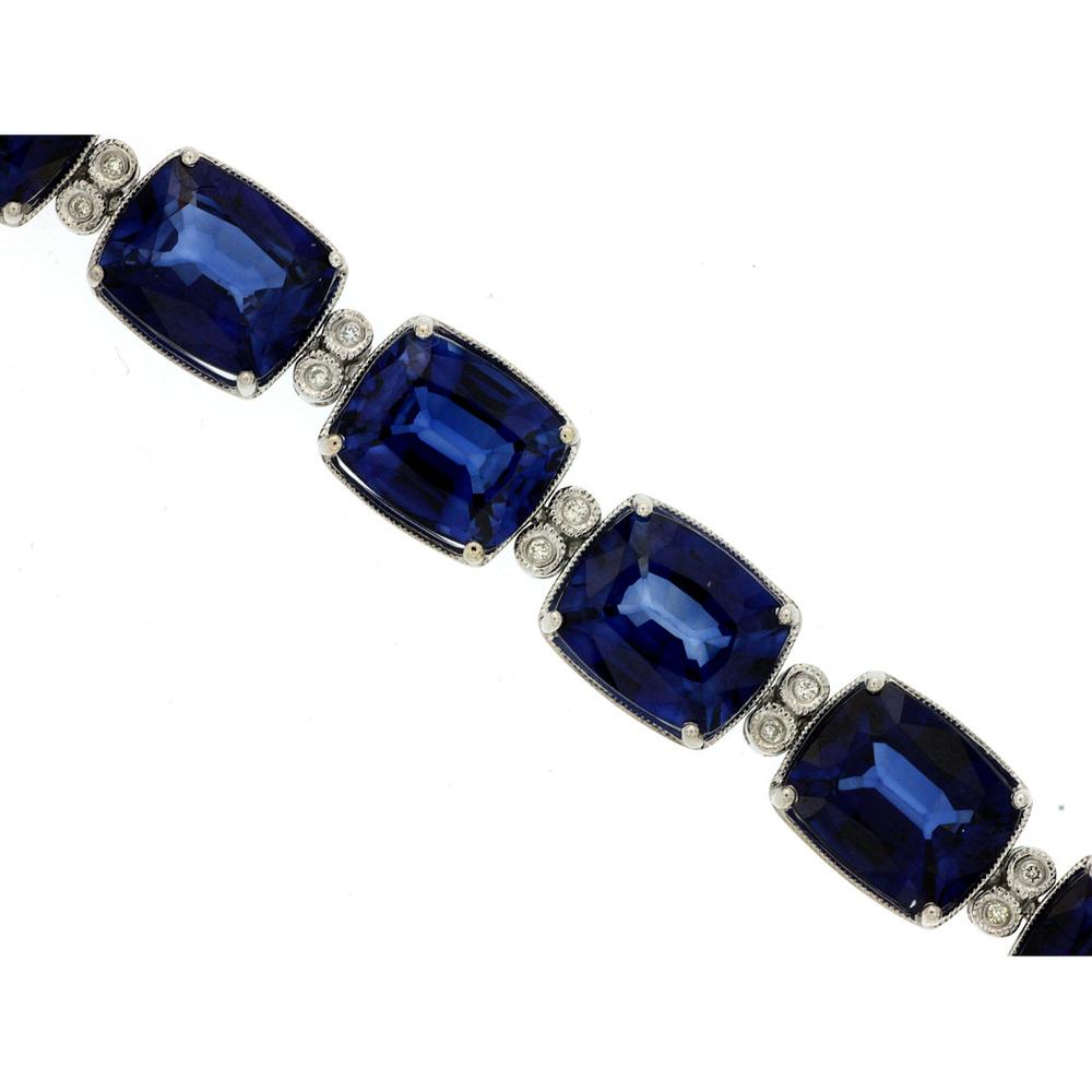Royal 14K White Gold Diffused Sapphire and Diamond Tennis Bracelet with Cushion-Cut Sapphires - 59.20 Carats Total Gem Weight