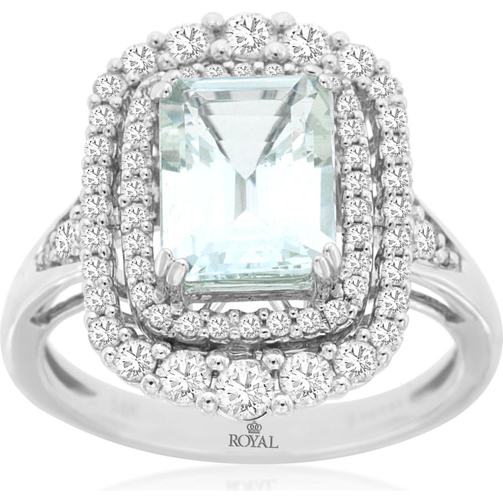 Royal 14K White Gold Double Halo Ring with 2 Carat Aquamarine and 0.75 Carat Total Diamond Weight