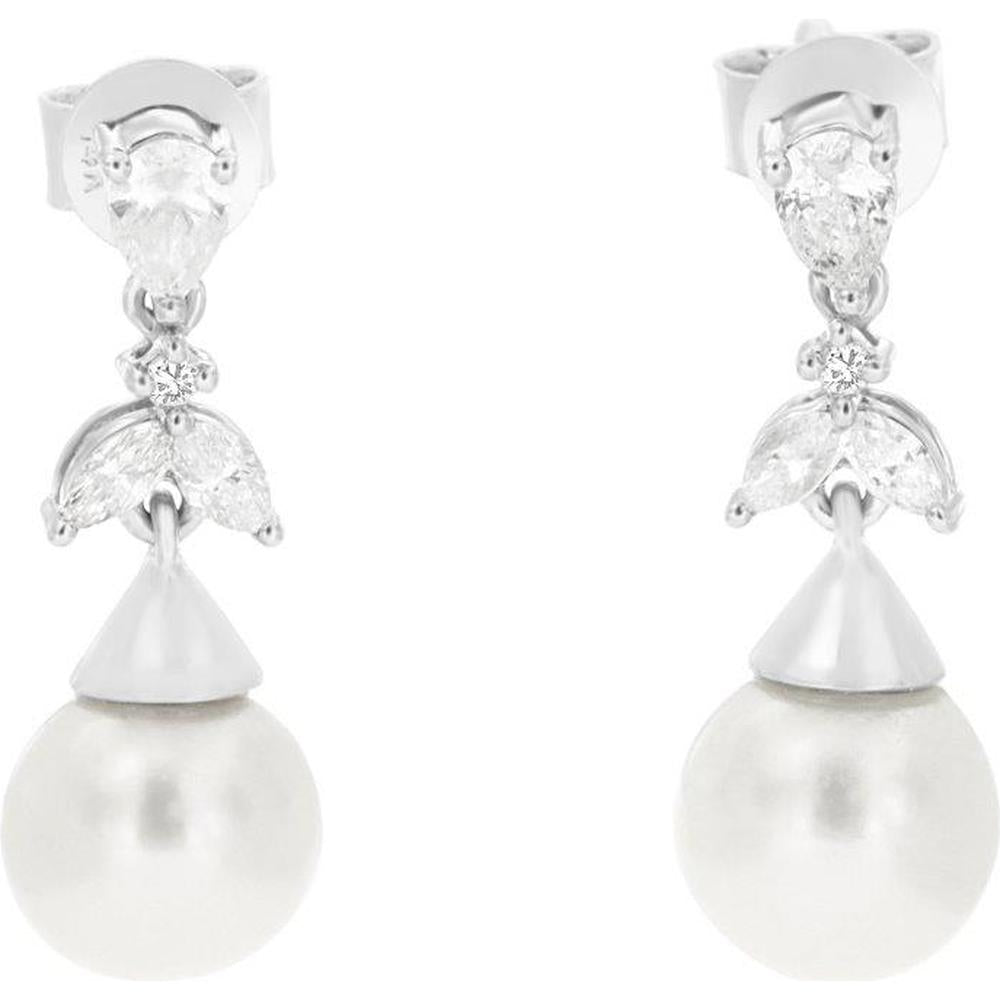 Royal 14K White Gold Drop Earrings with 0.37 Carat Total Diamond Weight and 2 Lustrous Pearls
