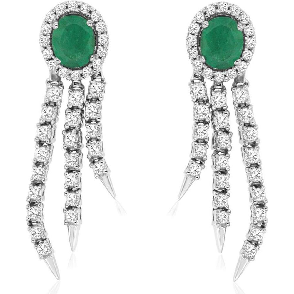 Royal 14K White Gold Drop Earrings with 0.65 Carat Emerald and 0.66 Carat Total Diamond Weight