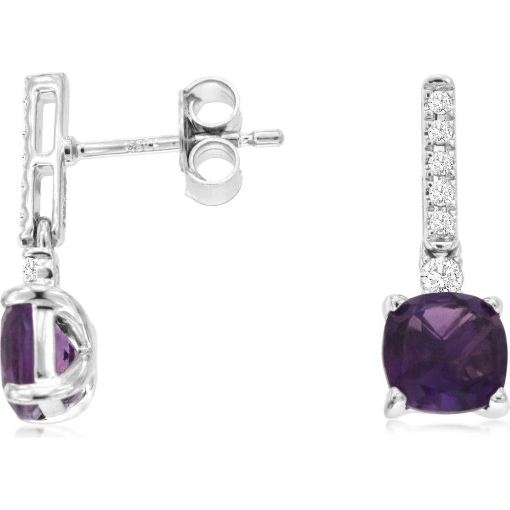 Royal 14K White Gold Drop Earrings with 1.70 Carat Total Amethyst and 0.14 Carat Total Diamond