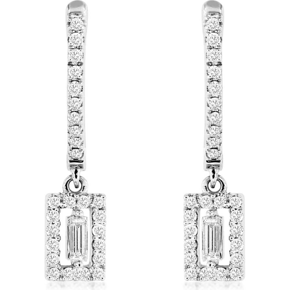 Royal 14K White Gold Drop Earrings with Baguette Diamond and Pave Halo - 0.36 Carats Total Diamond Weight