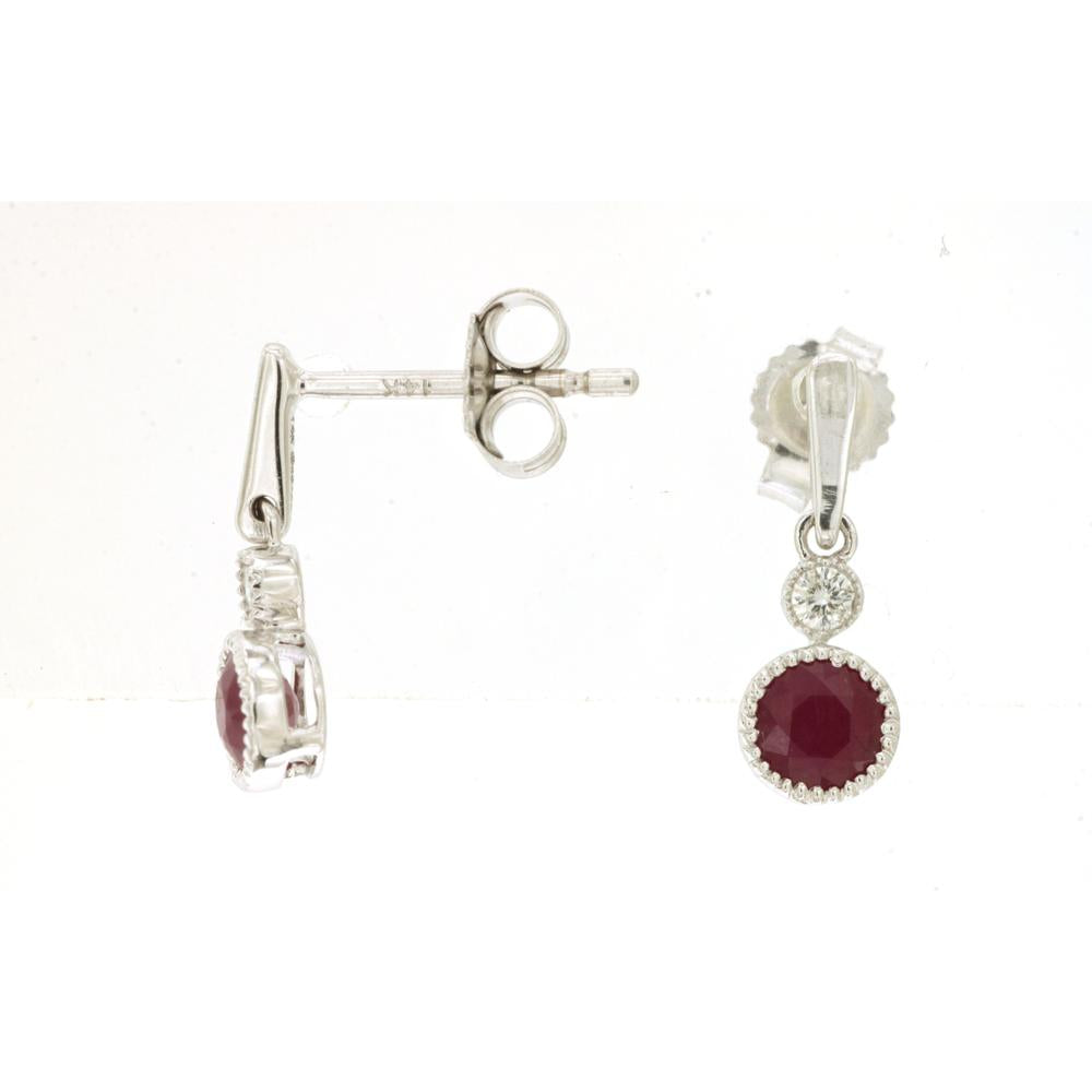 Royal 14K White Gold Drop Earrings with Bezel-Set Rubies and Prong-Set Diamonds - 0.65 Carats Ruby and 0.06 Carats Diamond Total Weight