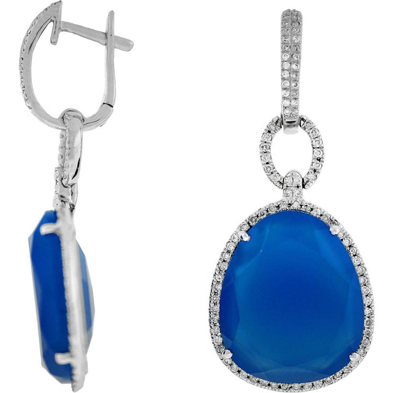 Royal 14K White Gold Drop Earrings with Blue Agate and Round Diamonds - 0.60 Carat Total Diamond Weight