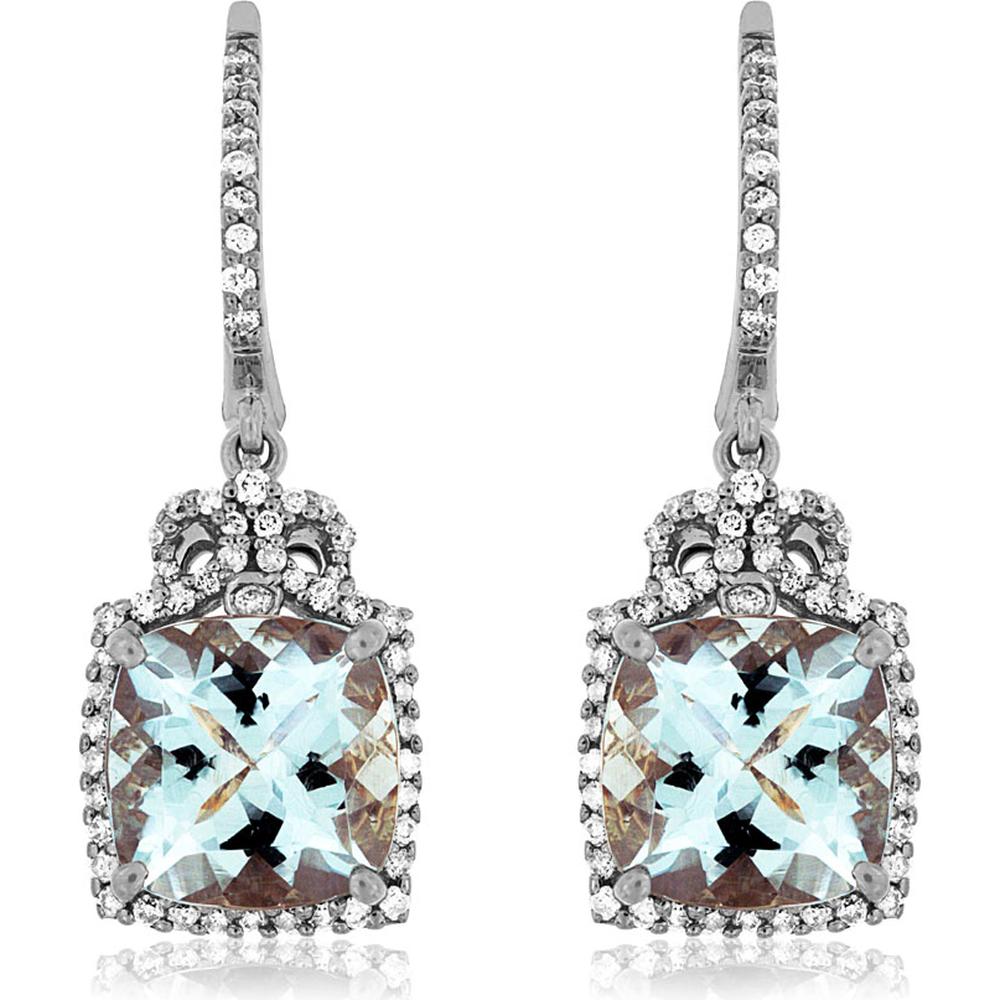 Royal 14K White Gold Drop Earrings with Cushion-Cut Aquamarine and Diamond Halo - 4.22 Carat Total Gem Weight