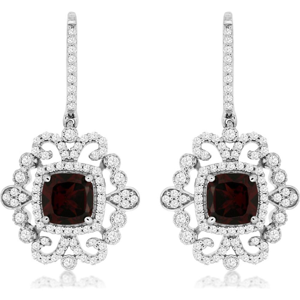 Royal 14K White Gold Drop Earrings with Cushion Cut Garnets and Diamond Halo - 3.20 Carat Total Gem Weight