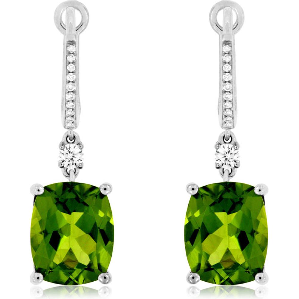 Royal 14K White Gold Drop Earrings with Cushion Cut Peridot and Diamond Accents - 5.50 Carats Total Peridot Weight