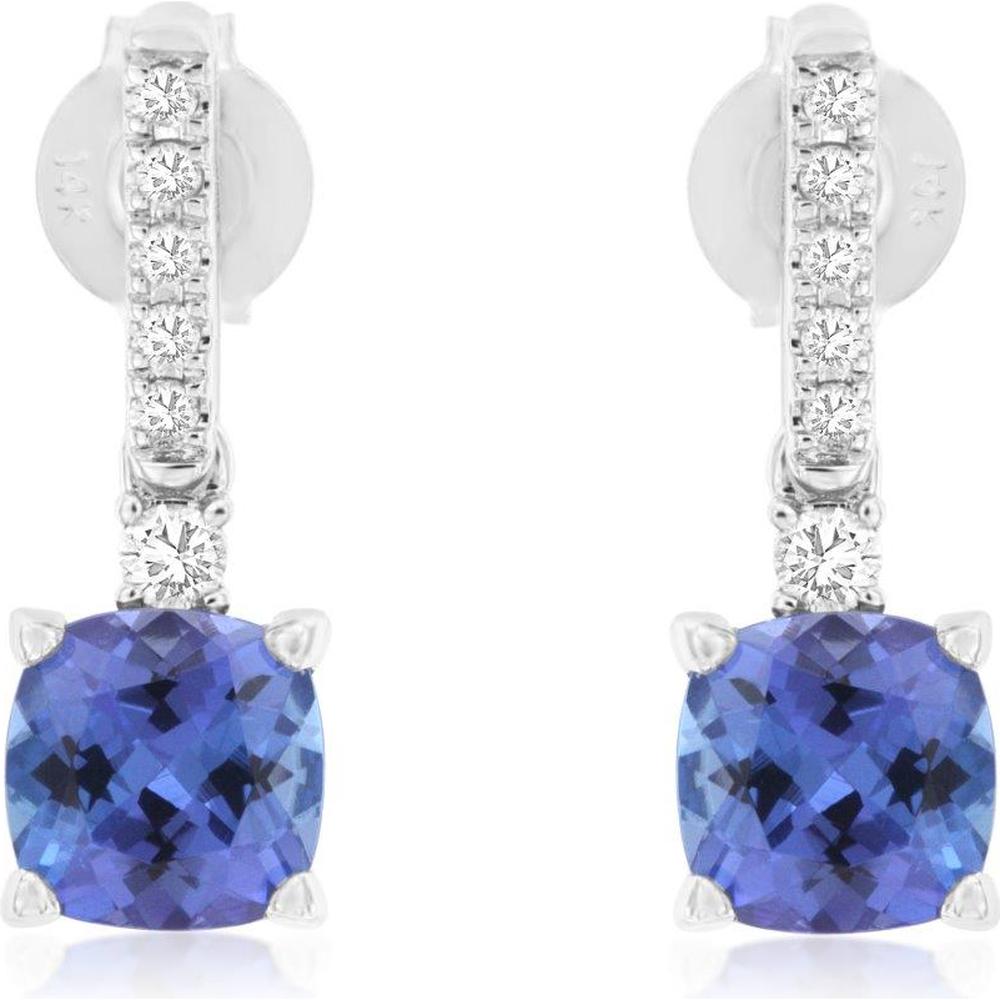 Royal 14K White Gold Drop Earrings with Cushion-Cut Tanzanite and Round Diamonds - 2.20 Carat Tanzanite and 0.14 Carat Diamond Total Weight