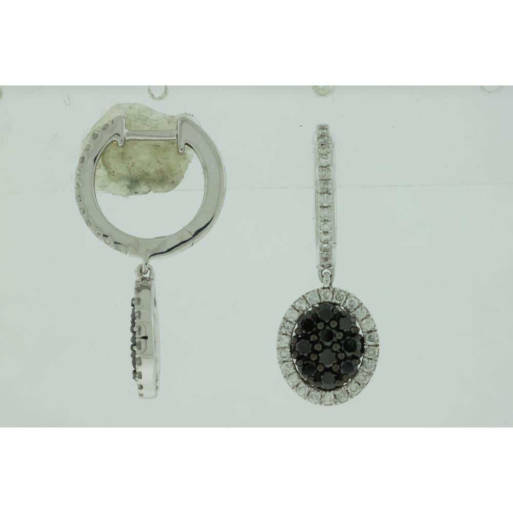 Royal 14K White Gold Drop Earrings with Oval Black and White Diamonds - 1.06 Carats Total Carat Weight