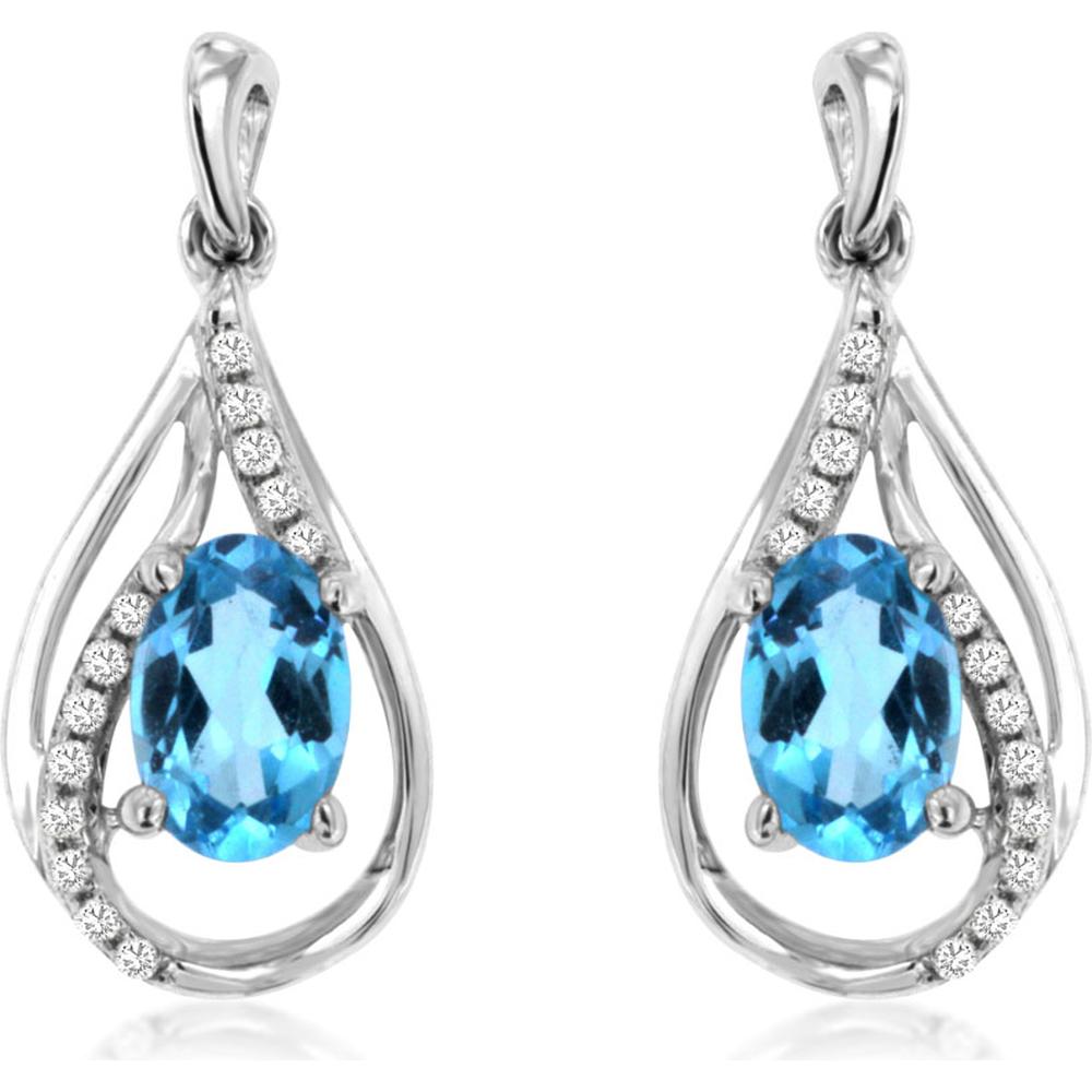 Royal 14K White Gold Drop Earrings with Oval Blue Topaz and Diamond Halo - 0.85 Carat Blue Topaz, 0.10 Carat Total Diamond Weight