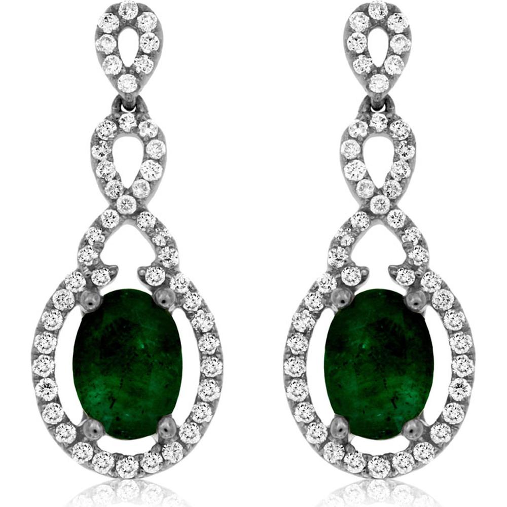 Royal 14K White Gold Drop Earrings with Oval Cut Emeralds and Diamond Halo - 1.40 Carats Total Emerald Weight, 0.84 Carats Total Diamond Weight