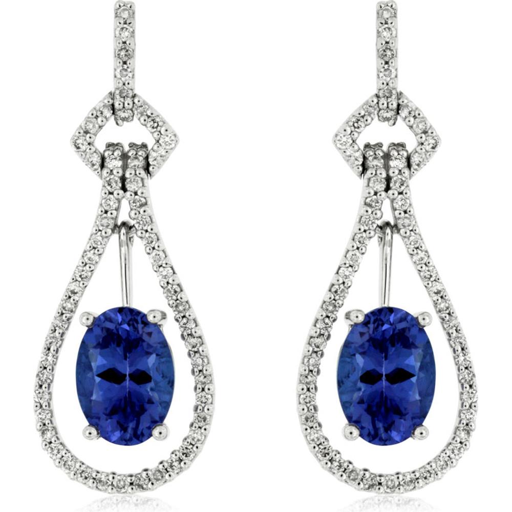 Royal 14K White Gold Drop Earrings with Oval Tanzanites and Pave Diamond Halo - 2.04 Carats Total Gem Weight