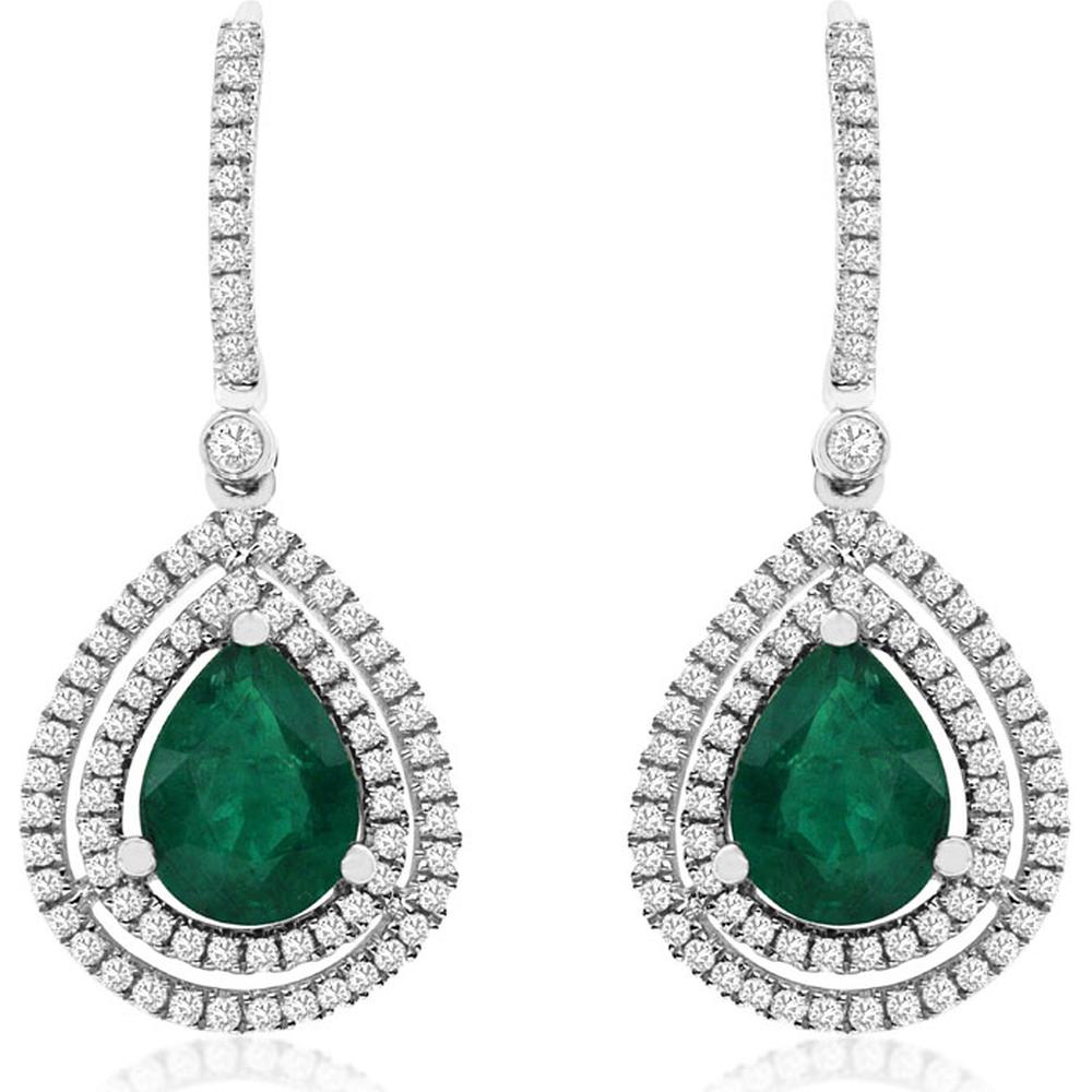 Royal 14K White Gold Drop Earrings with Pear-Shaped Emeralds and Double Halo Diamonds - 3.20 Carat Total Emerald Weight, 0.85 Carat Total Diamond Weight