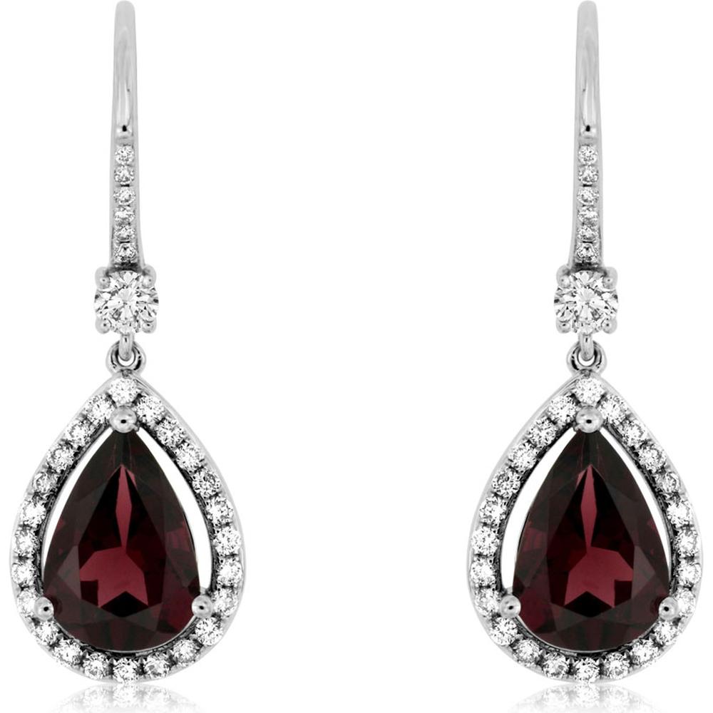 Royal 14K White Gold Drop Earrings with Pear-Shaped Rhodolite and Diamond Halos - 4.96 Carat Total Gem Weight