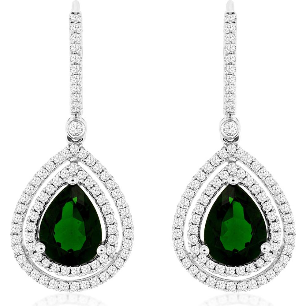 Royal 14K White Gold Drop Earrings with Pear-Shaped Russalite and Double Diamond Halos - 3.70 Carats Russalite, 0.85 Carats Total Diamond Weight