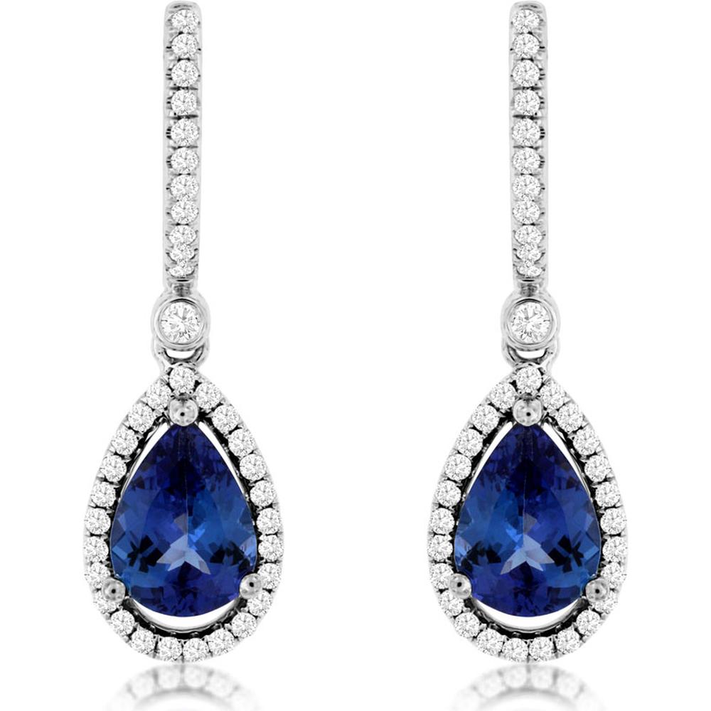 Royal 14K White Gold Drop Earrings with Pear-Shaped Tanzanites - 2.20 Carats and Diamond Halo - 0.42 Carats Total Diamond Weight