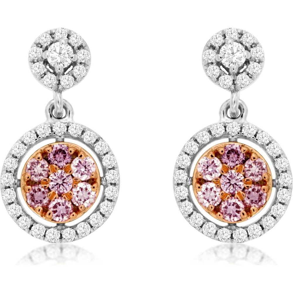 Royal 14K White Gold Drop Earrings with Pink and White Round Diamonds in Dual Halo Cluster - 0.54 Carats Total Diamond Weight