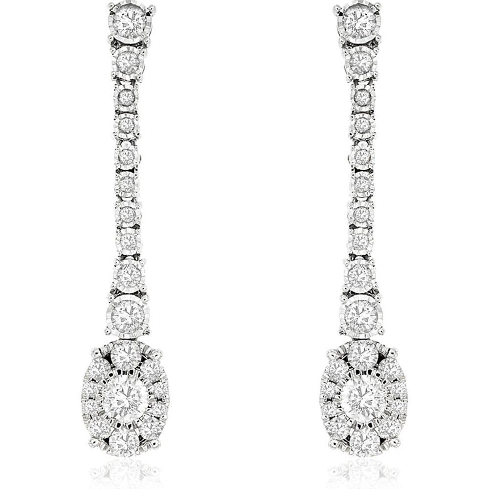Royal 14K White Gold Drop Earrings with Prong Set Round Brilliant Cut Diamonds - 1.25 Carat Total Diamond Weight