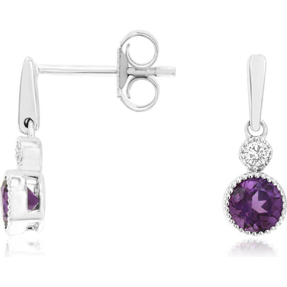 Royal 14K White Gold Drop Earrings with Round Amethyst and Diamond Accents - 0.28 Carat Total Gemstone Weight
