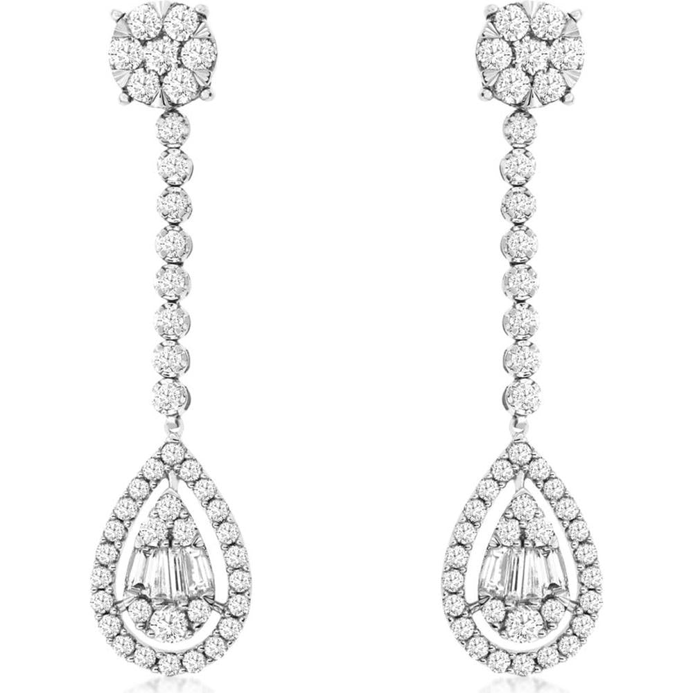 Royal 14K White Gold Drop Earrings with Round and Baguette Diamonds - 1.58 Carat Total Diamond Weight