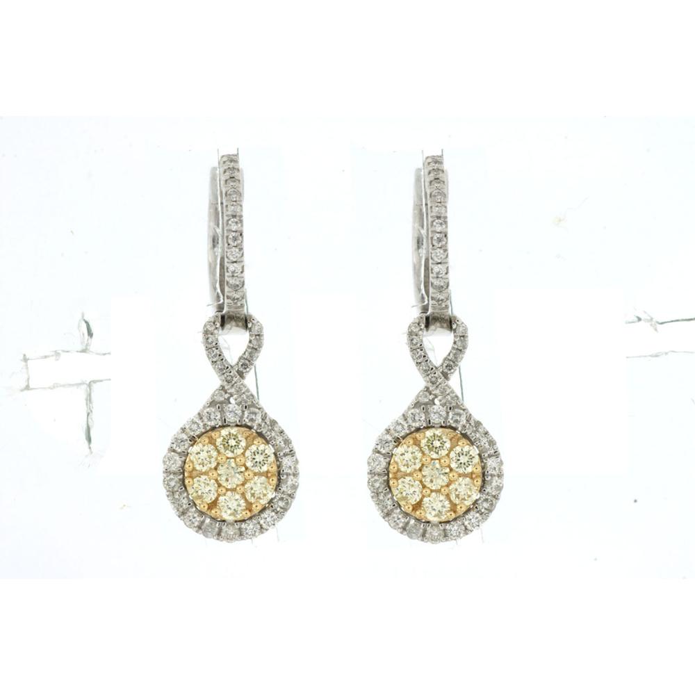 Royal 14K White Gold Drop Earrings with Round Yellow and White Diamonds - 1.22 Carats Total Diamond Weight