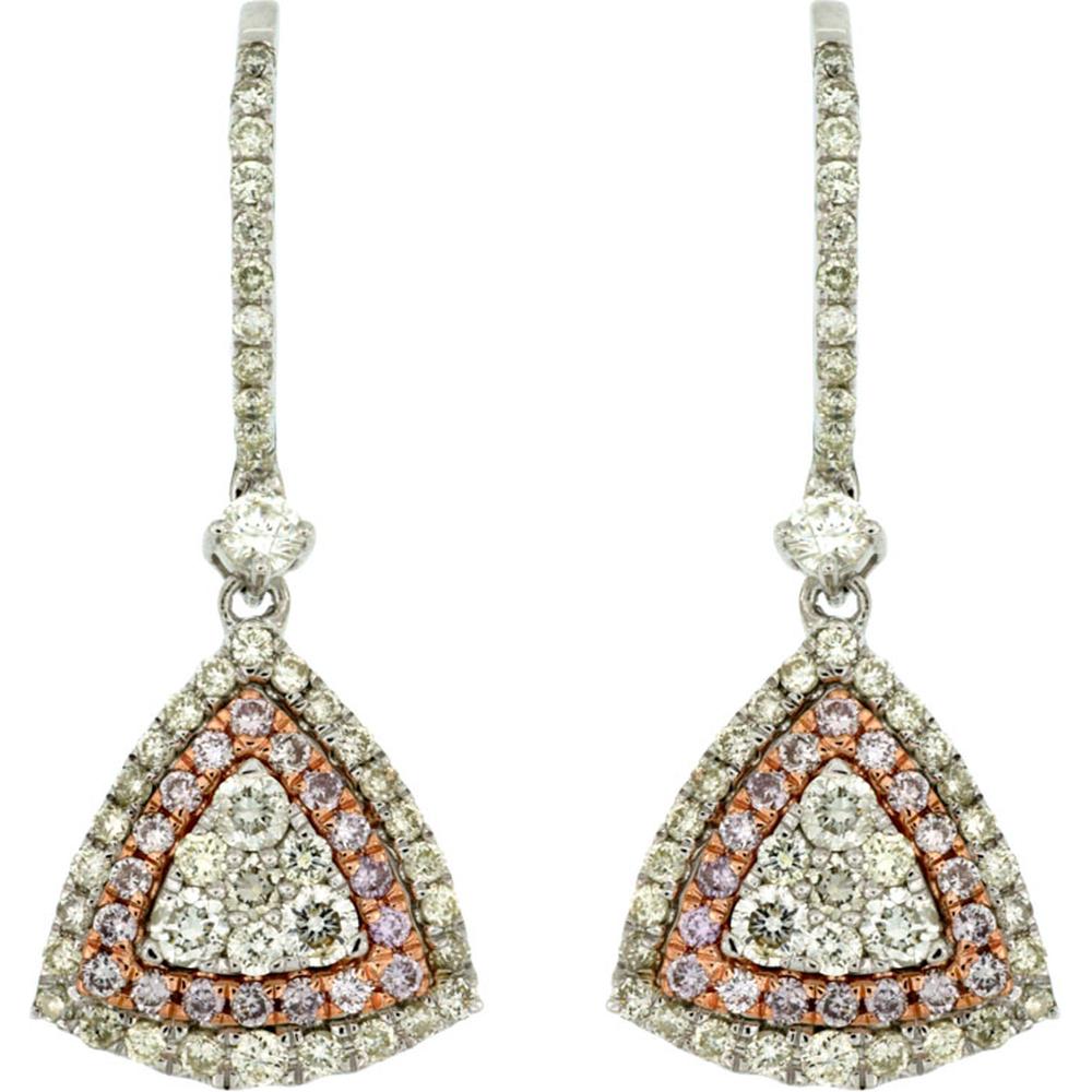 Royal 14K White Gold Drop Earrings with White and Pink Round Diamonds in Halo and Geometric Setting - 1.56 Carats Total Diamond Weight