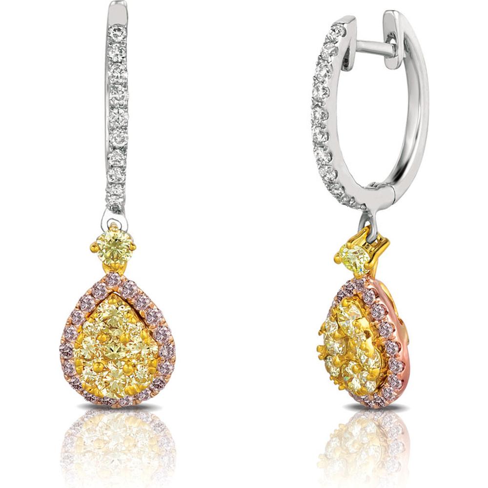 Royal 14K White Gold Drop Earrings with Yellow and Pink Diamonds - 1.18 Carats Total Diamond Weight