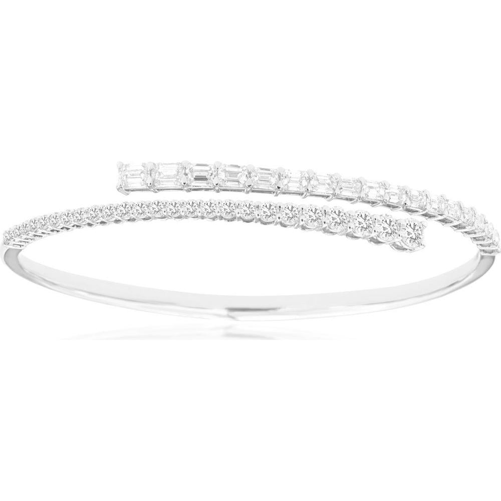 Royal 14K White Gold Dual-Row Bangle with Round and Baguette Diamonds - 3.85 Carats Total Diamond Weight