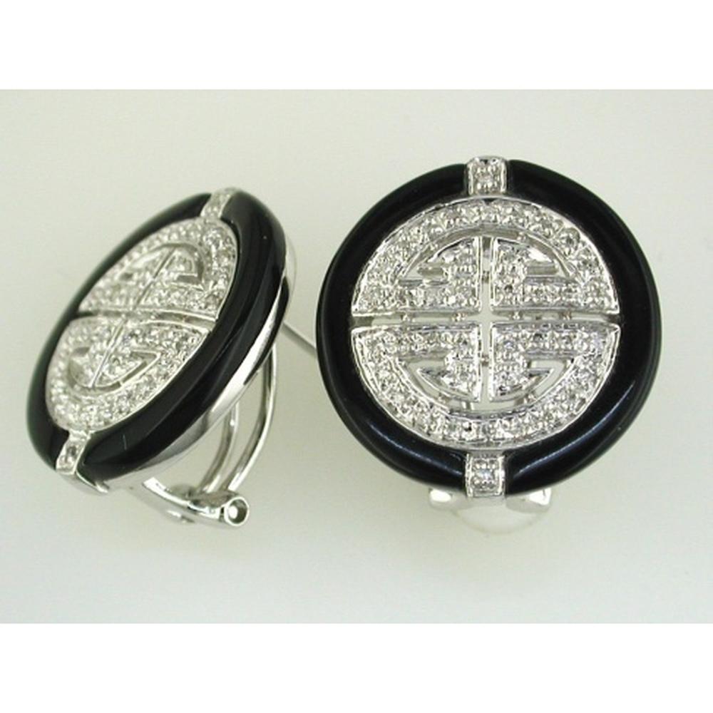 Royal 14K White Gold Earrings with Round Diamonds and Black Onyx - 0.32 Carat Total Diamond Weight