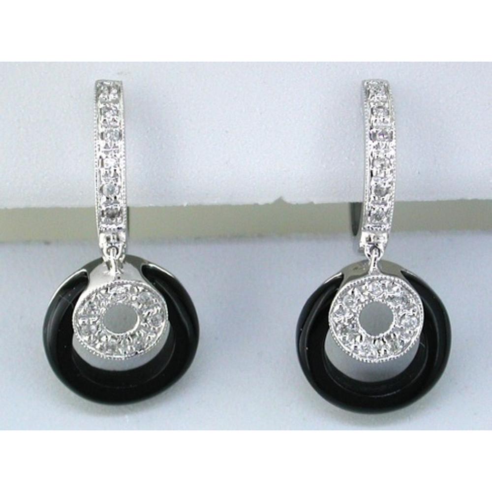Royal 14K White Gold Earrings with Round Onyx and Diamond - 0.15 Carat Total Diamond Weight
