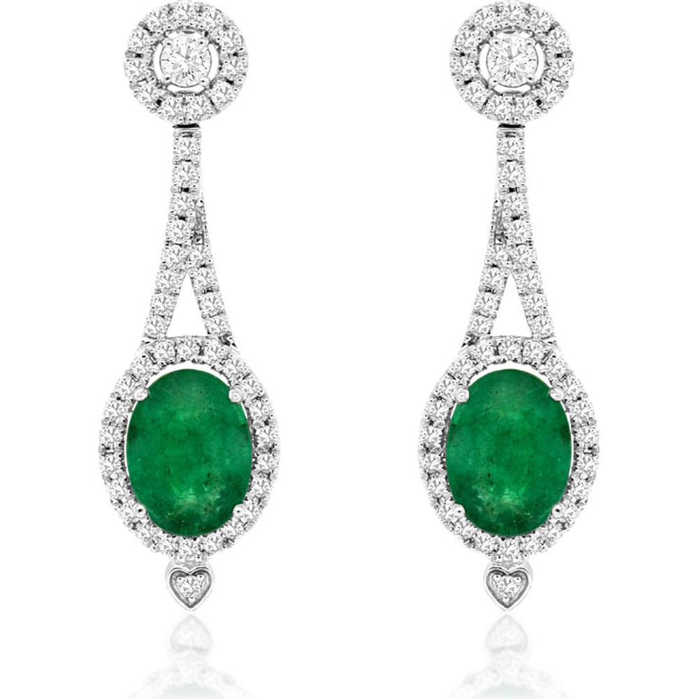 Royal 14K White Gold Emerald & Diamond Drop Earrings with Oval Emeralds - 2.83 Carats Total Carat Weight