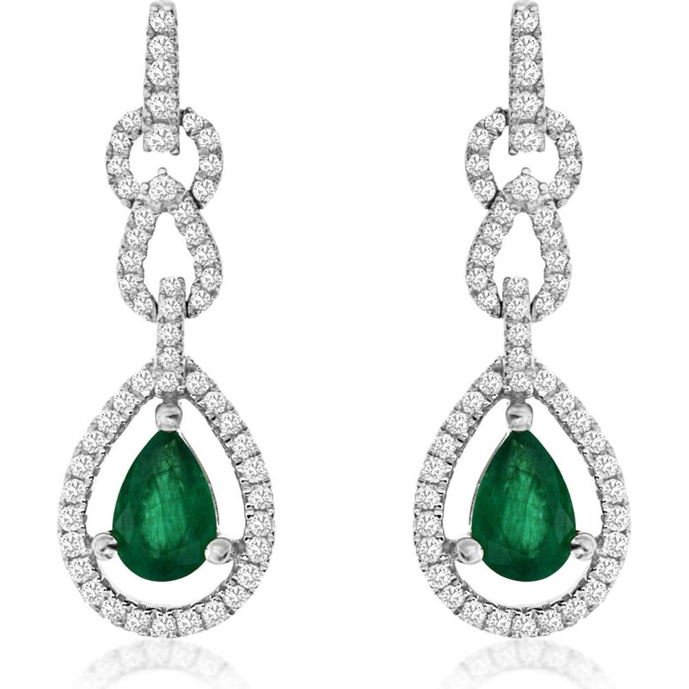 Royal 14K White Gold Emerald & Diamond Drop Earrings with Pear-Shaped Emeralds - 1.16 Carats Total Gem Weight