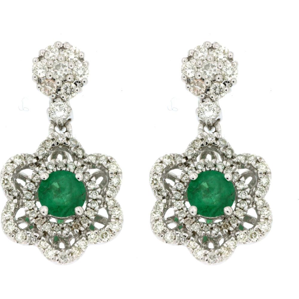 Royal 14K White Gold Emerald & Diamond Earrings - 1.00 Carat Total Diamond Weight