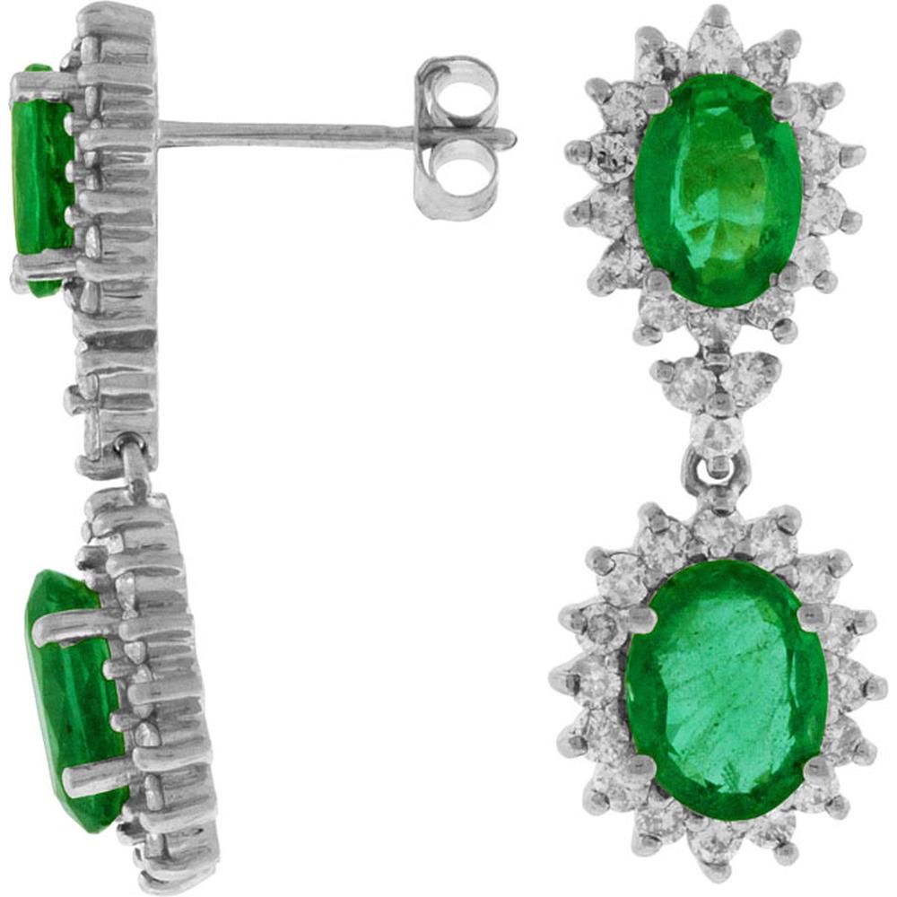Royal 14K White Gold Emerald & Diamond Earrings - 1.30 Carat Emerald, 3.80 Carat Total Diamond Weight