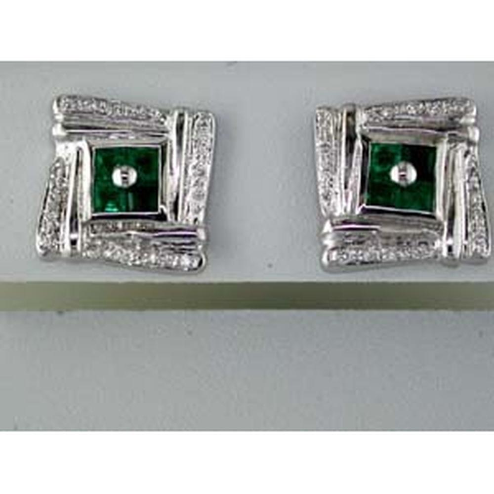 Royal 14K White Gold Emerald & Diamond Earrings with Princess Cut Emeralds and Round Cut Diamonds - 1.41 Carats Total Gem Weight