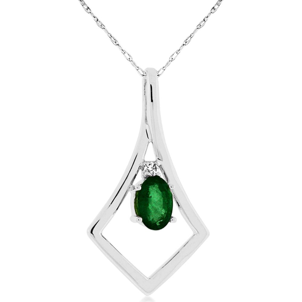 Royal 14K White Gold Emerald and Diamond Halo Pendant - 0.44 Carat Emerald, 0.02 Carat Diamond Total