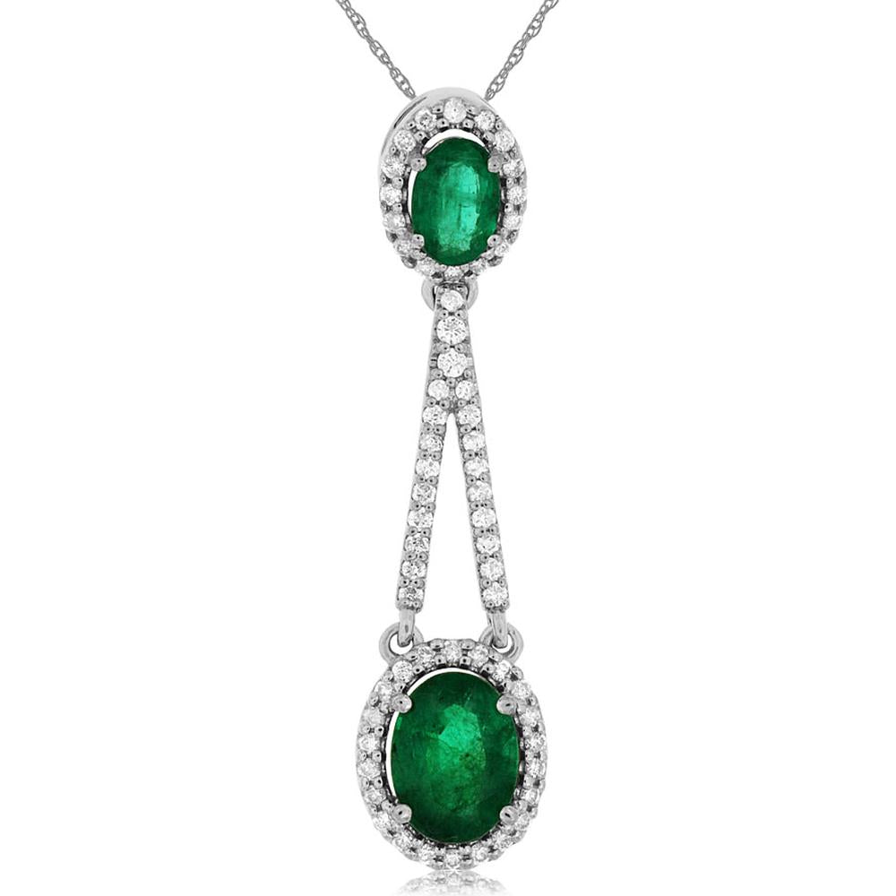 Royal 14K White Gold Emerald and Diamond Halo Pendant - 1.60 Carat Emerald, 0.32 Carat Diamonds