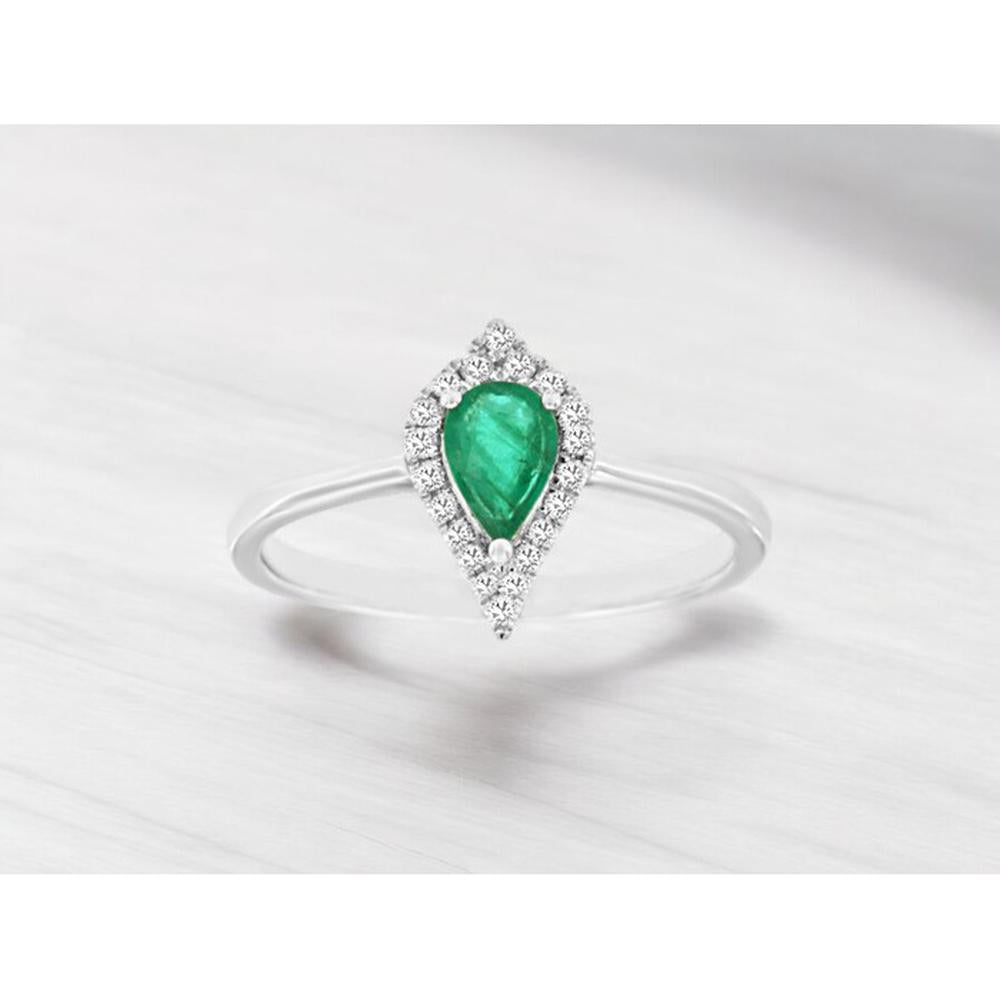 Royal 14K White Gold Emerald & Diamond Halo Ring - 0.38 Carats Emerald, 0.10 Carats Total Diamond Weight