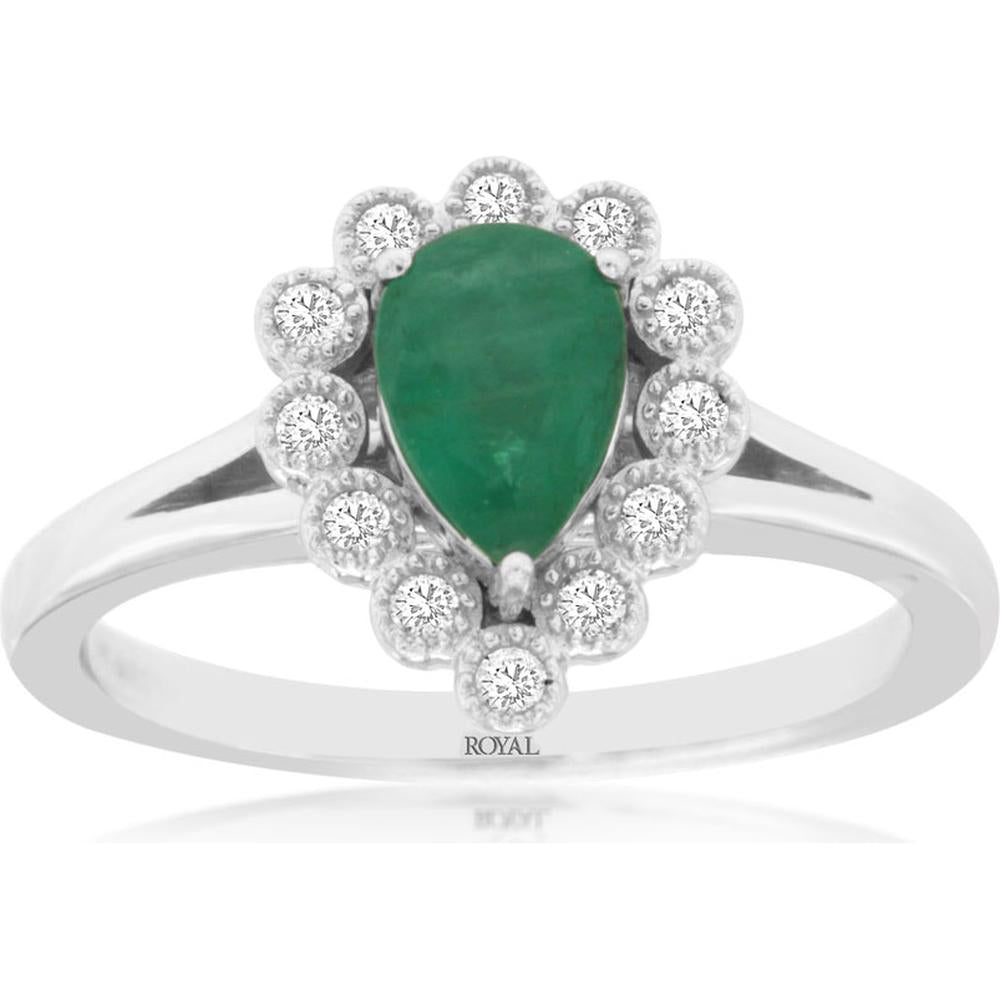 Royal 14K White Gold Emerald & Diamond Halo Ring - 0.75 Carats Emerald, 0.14 Carats Total Diamond Weight