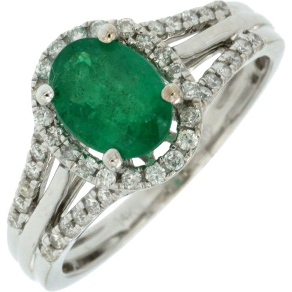 Royal 14K White Gold Emerald and Diamond Halo Ring - 1.10 Carat Emerald, 0.30 Carat Diamonds