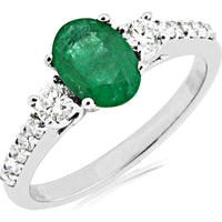 Royal 14K White Gold Emerald and Diamond Halo Ring - 1.10 Carat Oval Emerald - 0.45 Carat Total Diamond Weight