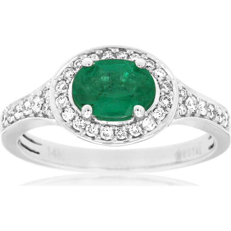 Royal 14K White Gold Emerald and Diamond Halo Ring - 1.13 Carat Total Gem Weight