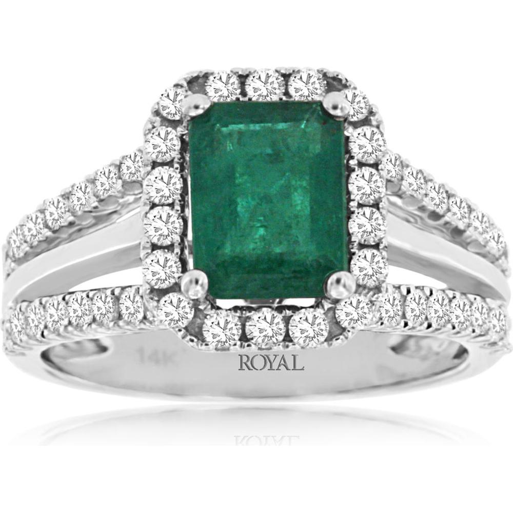 Royal 14K White Gold Emerald and Diamond Halo Ring - 1.60 Carats Emerald, 0.70 Carats Total Diamond Weight
