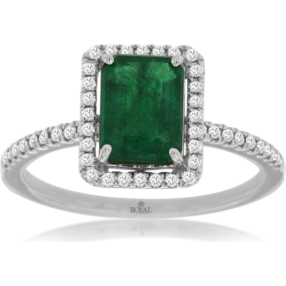 Royal 14K White Gold Emerald & Diamond Halo Ring - 1.60 Carats Emerald & 0.20 Carats Diamond Total Carat Weight